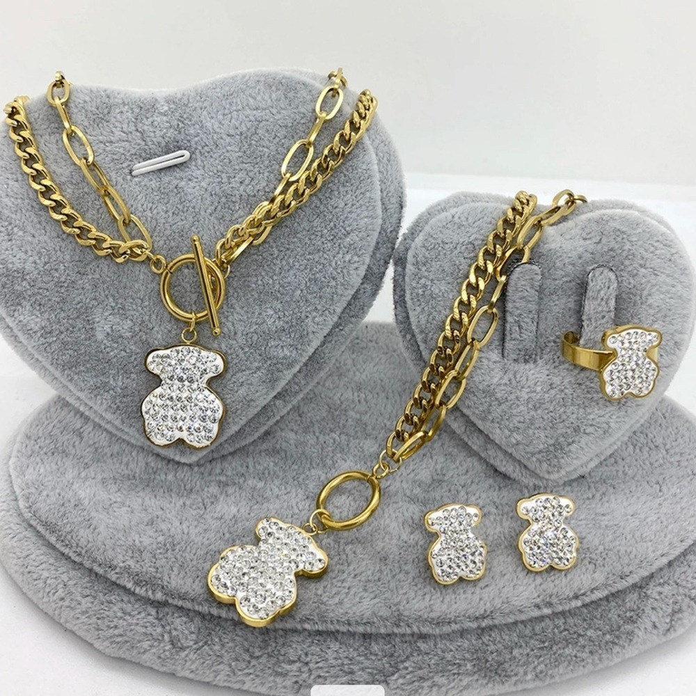 Stainless Steel Teddy Bear Bling Set of Earrings, Necklace, Bracelet, and Ring